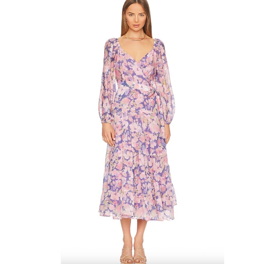 Astr floral long sleeve wrap midi dress in purple and pink